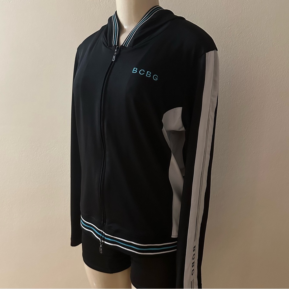 BCBG Maxazria Black and White Striped Jacket Size XL.